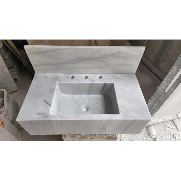 White Marble Sink With Top Holes, Wall Mounted Marble Sink