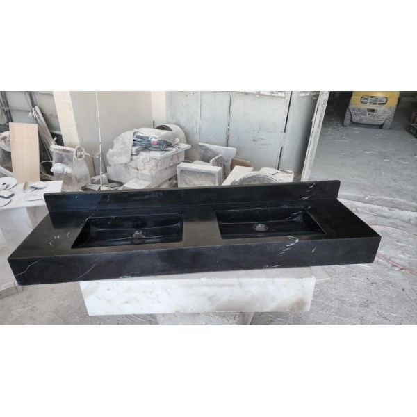Nero Marquina Marble Sink With Backsplash, Handmade Carved Marble Sink