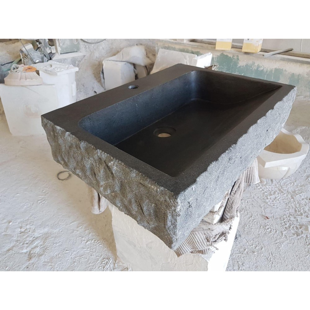 Rough Cut Matte-Black Marble-Sink, Wall Mounted Marble Sink